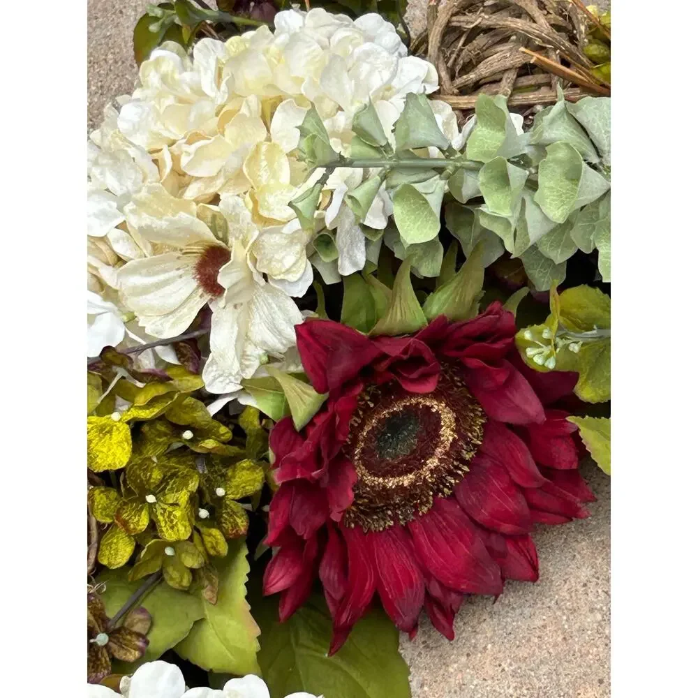 Handmade Woodland Floral Wreath Hydrangeas, Burgundy Flowers   Grapevine Accents